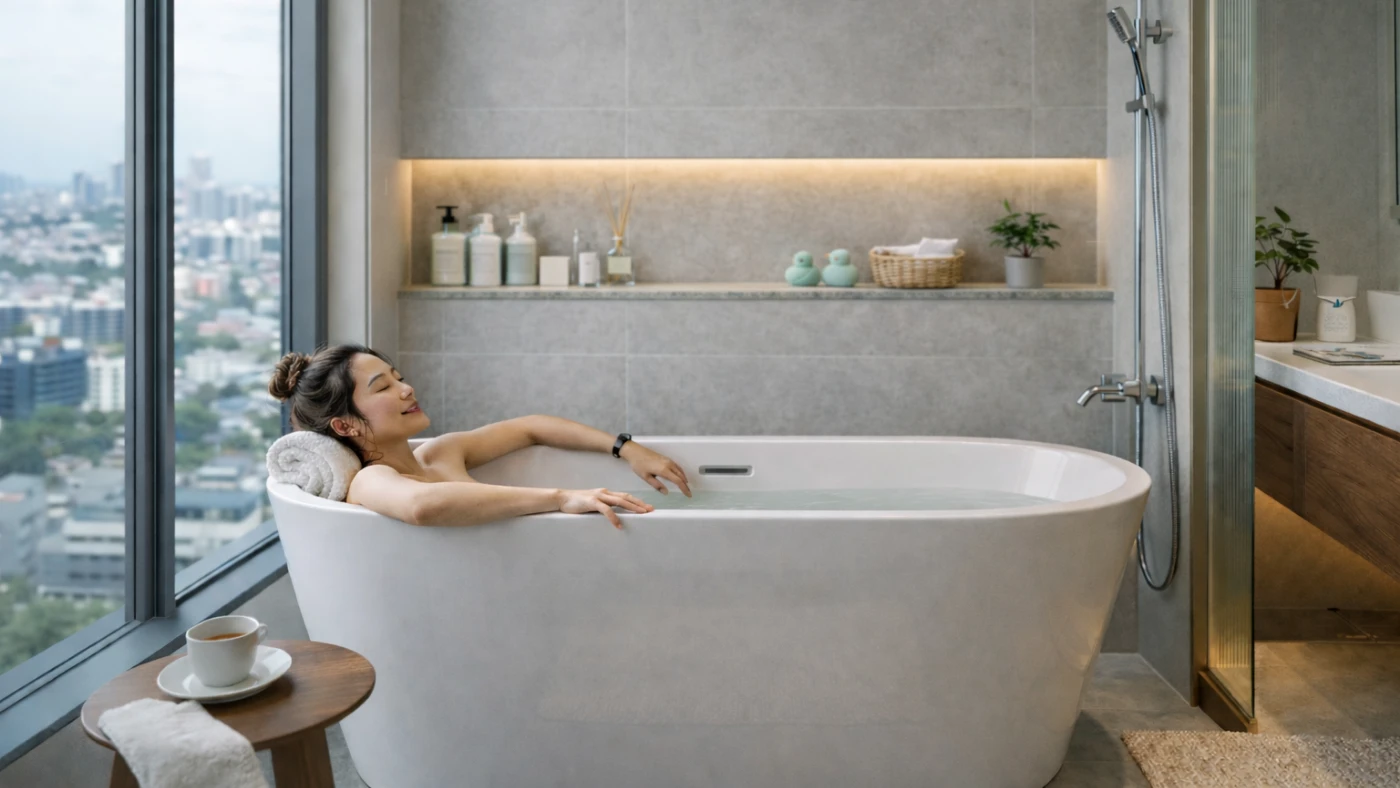 Woman relaxing in HERA freestanding bathtub in modern Singapore bathroom