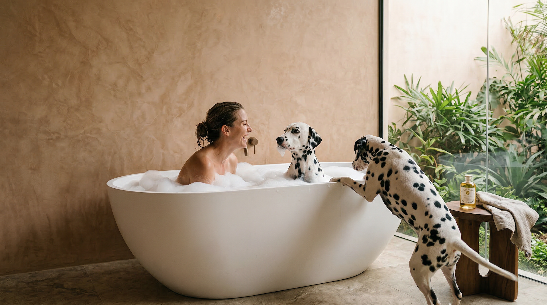 Woman and dalmatian enjoying a bubble bath together in a marble bathroom