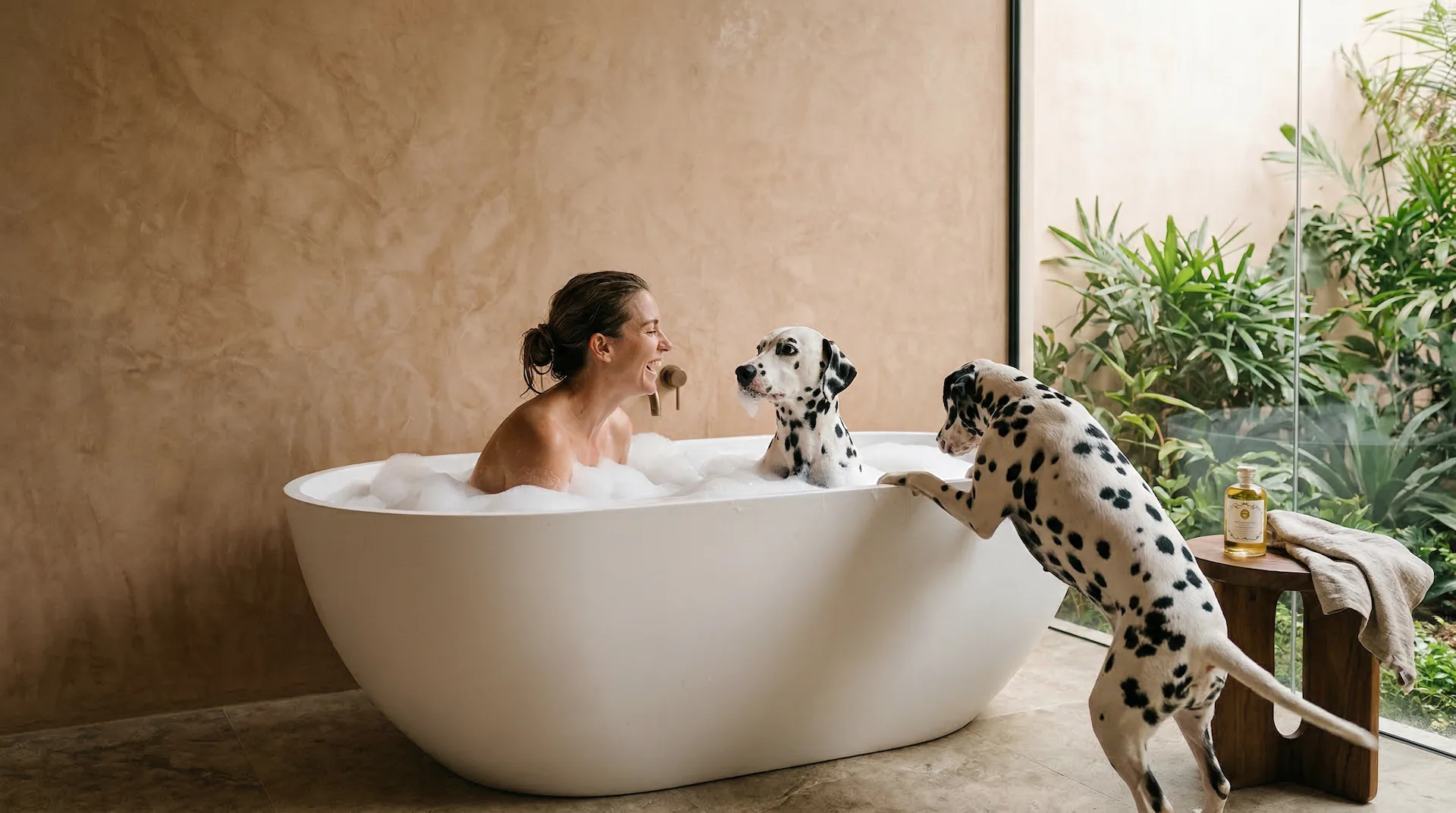 Woman and dalmatian enjoying a bubble bath together in a marble bathroom