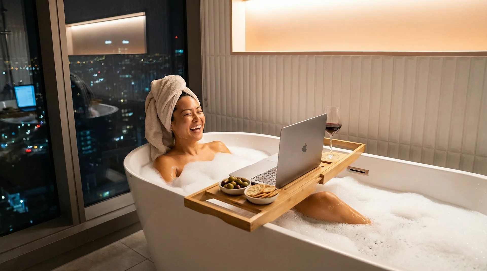 Woman laughing in freestanding bathtub with laptop, wine, and snacks in Singapore condo