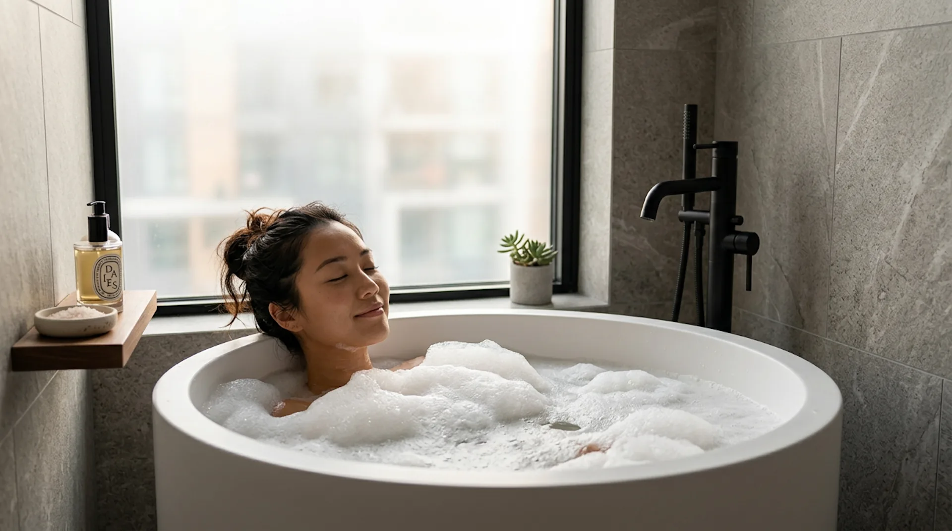 A round freestanding tub fitting into a compact HDB bathroom