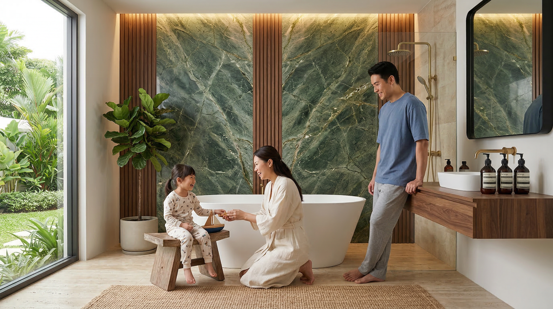 Family enjoying bath time together in a HERA bathroom