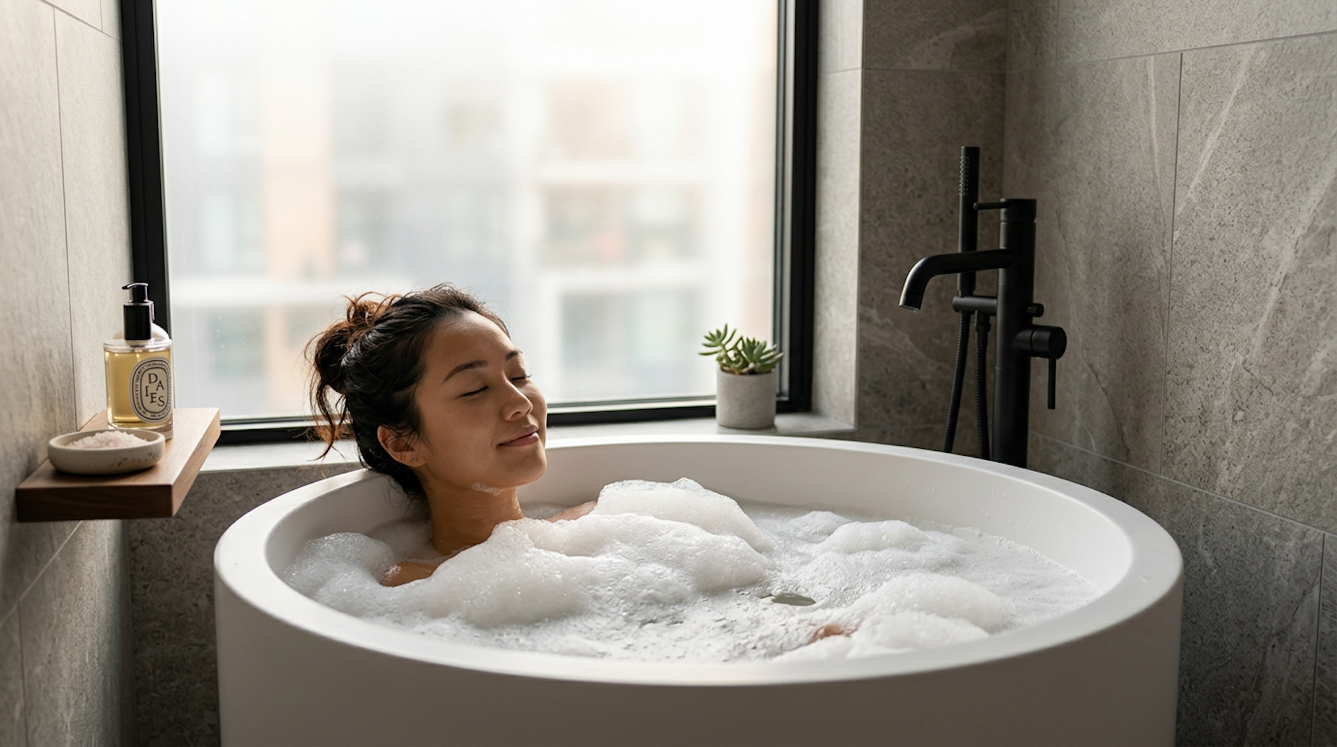 Woman relaxing solo in a round freestanding bathtub