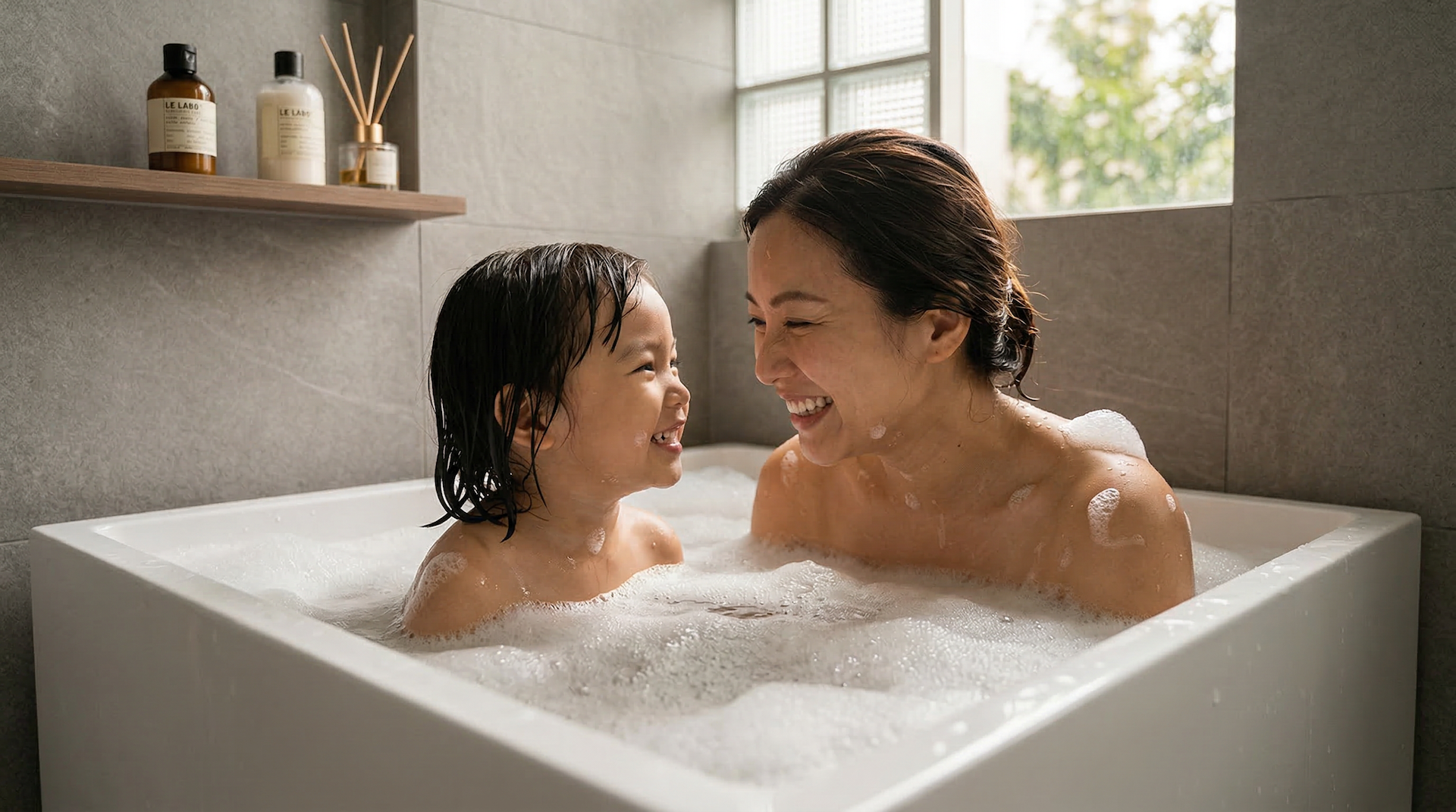 Mother and child sharing a warm bubble bath in a HERA rectangular bathtub
