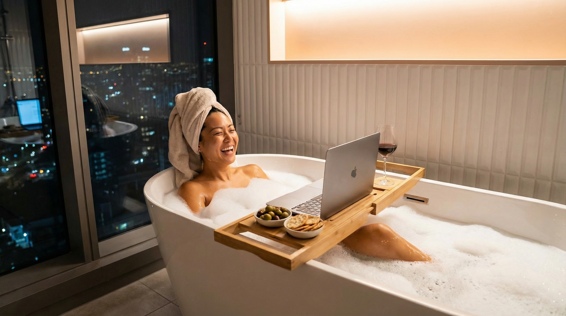 Woman laughing in freestanding bathtub with laptop, wine, and snacks in Singapore condo