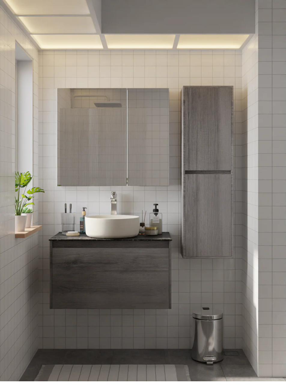 Charcoal ash bathroom vanity in a well-ventilated bathroom
