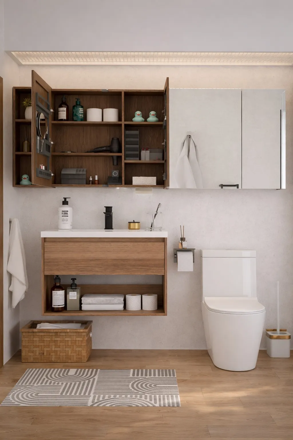 Mirror cabinet open to show internal storage
