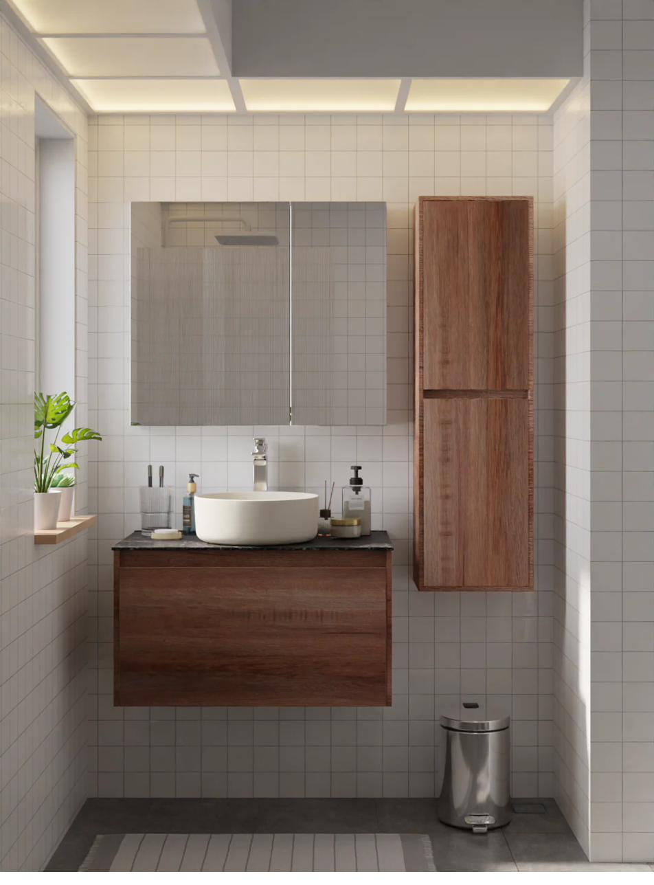 Oakwood vanity in a humid bathroom showing material quality