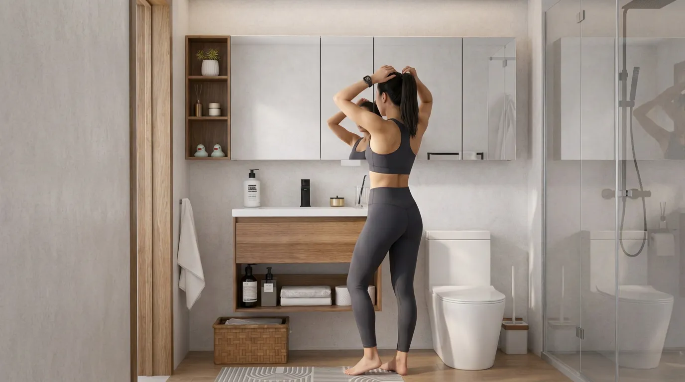 Woman getting ready at HERA vanity cabinet with mirror cabinet in bright Singapore bathroom