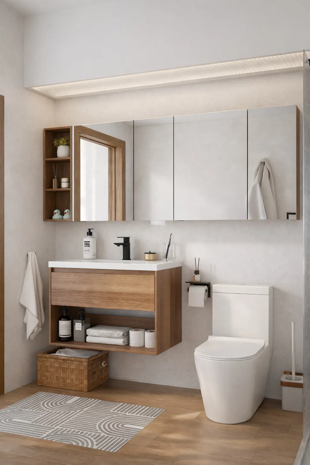 Walnut vanity in a thoughtfully composed bathroom