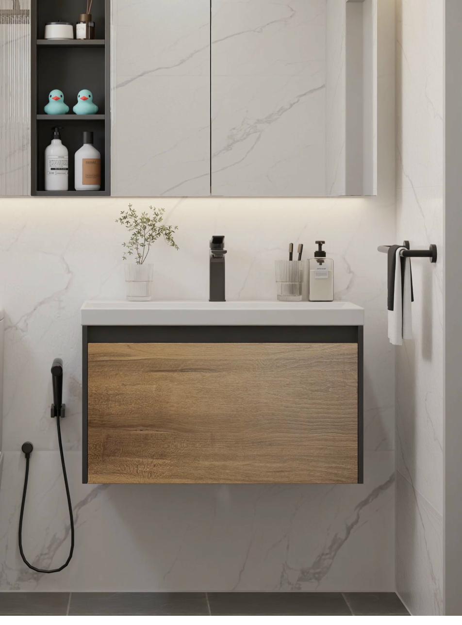 Walnut-finish vanity in a Singapore bathroom